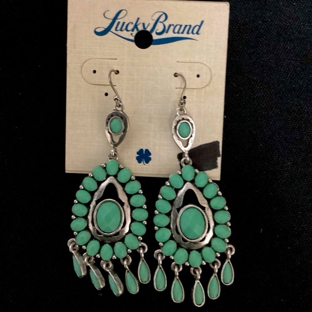 EARRINGS - LUCKY BRAND DANGLE faux turquoise and silver tone.